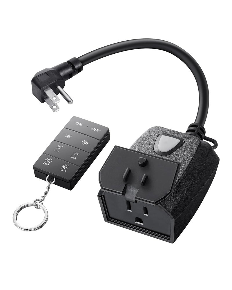 DEWENWILS Outdoor Dimmer for String Lights, 100FT Remote Range, IP44 Waterproof Plug-in Dimmer for Garden, Patio, Porch, 4 Level Brightness Button, Max 150W Dimmable LED/300W Tungsten Bulbs - Image 1